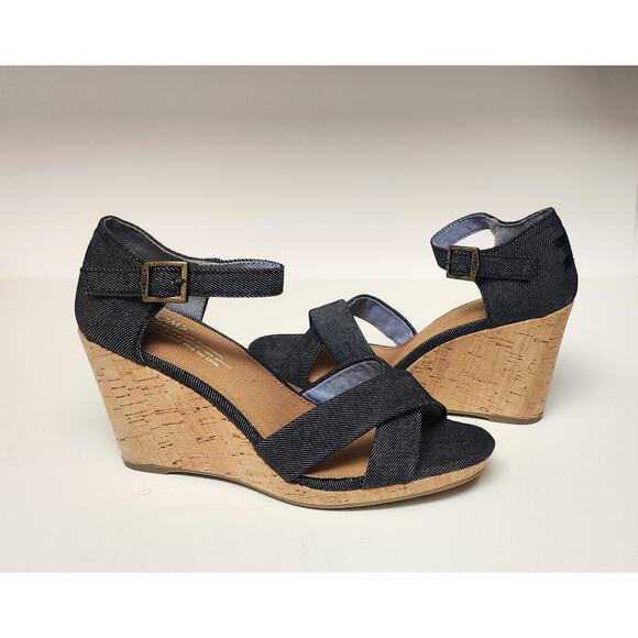 Toms Sandals Women's Sienna Criss Cross Straps Black Wedge Buckle Sandals 7.5 - Picture 2 of 11